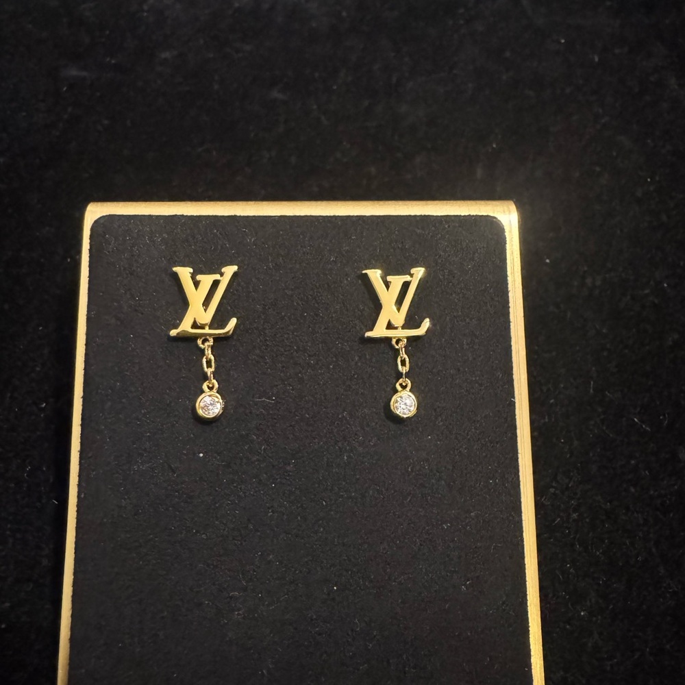 Louis Vuitton Gold Crystal LV Logo Drop Earrings